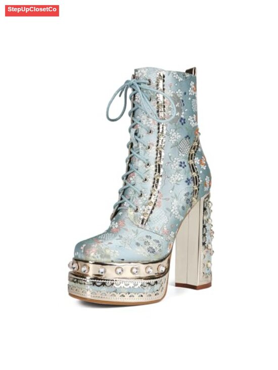 Shoes - Women's Floral Embroidered Platform Lace Up Ankle Boots Block Heel